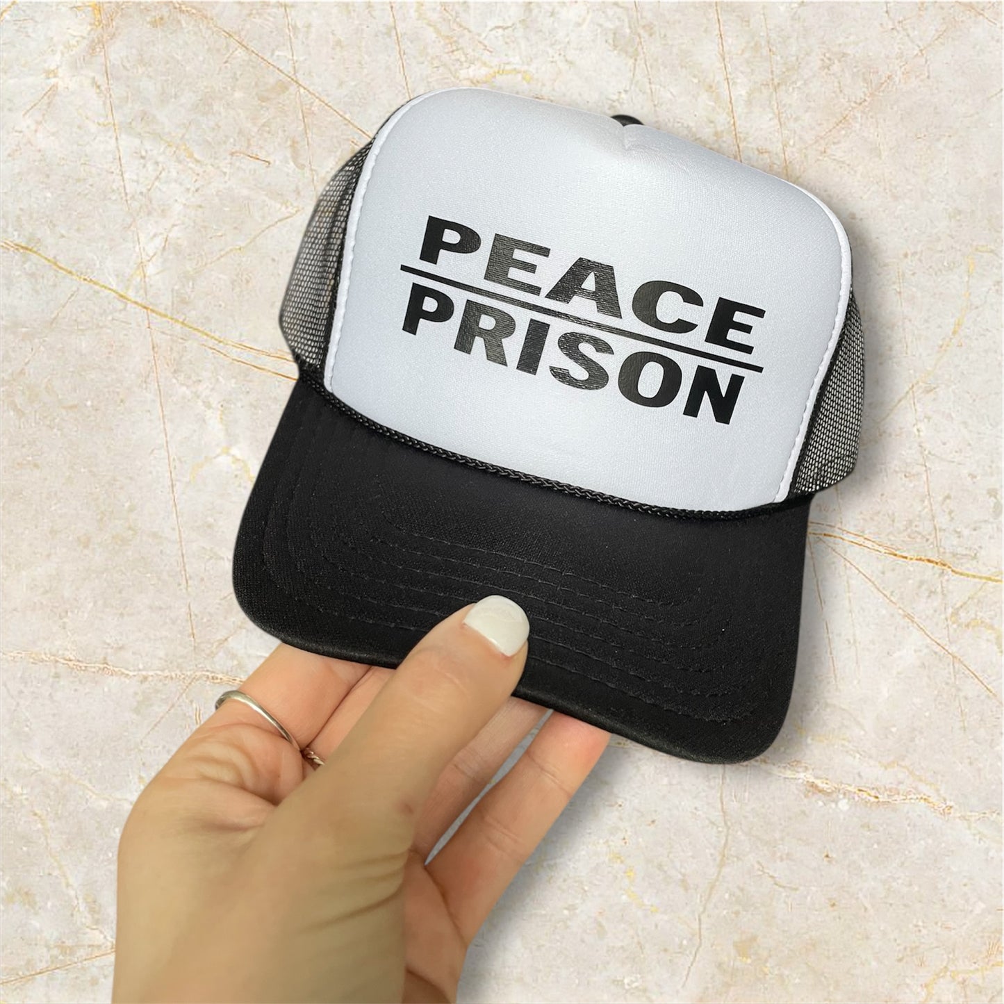 NOT FRIENDLY - “Peace Over Prison’”  Trucker Hat image 0