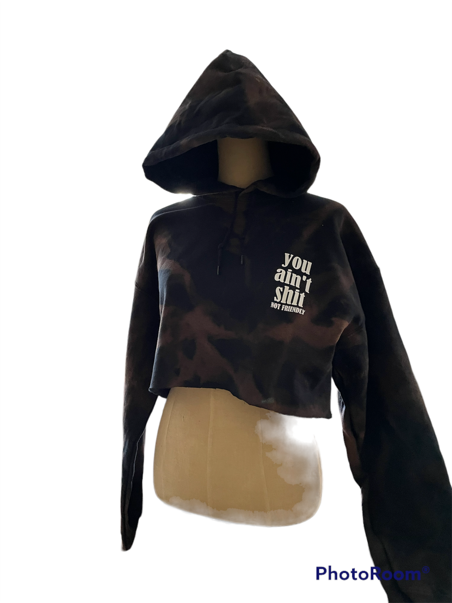 NOT FRIENDLY - Black *BLEACHED DYED*  “You Ain’t Shit” Cropped Hoodie image 0